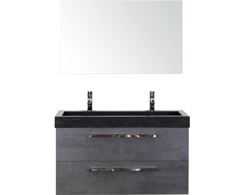 Einzelbadmöbel Sanox Seville BxHxT 101 x 170 x 45,5 cm Frontfarbe beton anthrazit mit Waschtisch Naturstein schwarz und Waschtischunterschrank Waschtisch Spiegel Griff chrom glanz 81703041 Waschtisch mit zwei Schubladen, Aufsatzwaschbecken und Spiegel