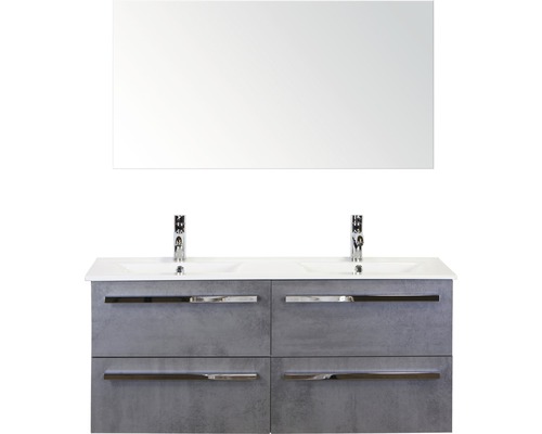 Badmöbel-Set Sanox Seville BxHxT 121 x 170 x 46 cm Frontfarbe beton anthrazit mit Waschtisch Keramik weiß und Waschtischunterschrank Spiegel Doppelwaschtisch