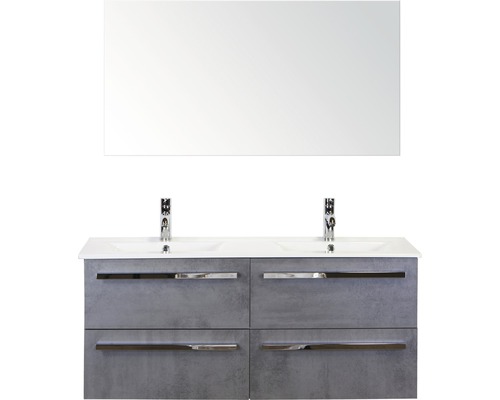 Badmöbel-Set Sanox Seville BxHxT 121 x 170 x 46 cm Frontfarbe beton anthrazit mit Waschtisch Keramik weiß und Waschtischunterschrank Spiegel Doppelwaschtisch Waschtisch mit zwei Waschbecken, Unterschrank mit Schubladen und Spiegel