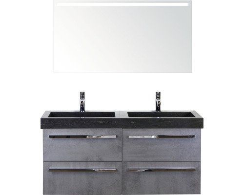 Badmöbel-Set Sanox Seville BxHxT 121 x 170 x 45,5 cm Frontfarbe beton anthrazit mit Waschtisch Naturstein schwarz und Waschtischunterschrank Spiegel mit LED-Beleuchtung Doppelwaschtisch Doppelwaschtisch mit Spiegel und Schubladen für das Badezimmer