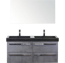 Badmöbel-Set Sanox Seville BxHxT 121 x 170 x 45,5 cm Frontfarbe beton anthrazit mit Waschtisch Naturstein schwarz und Waschtischunterschrank Spiegel Doppelwaschtisch