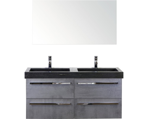 Badmöbel-Set Sanox Seville BxHxT 121 x 170 x 45,5 cm Frontfarbe beton anthrazit mit Waschtisch Naturstein schwarz und Waschtischunterschrank Spiegel Doppelwaschtisch