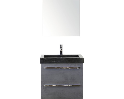 Badmöbel-Set Sanox Seville BxHxT 61 x 170 x 45,5 cm Frontfarbe beton anthrazit mit Waschtisch Naturstein schwarz und Waschtischunterschrank Waschtisch Spiegel