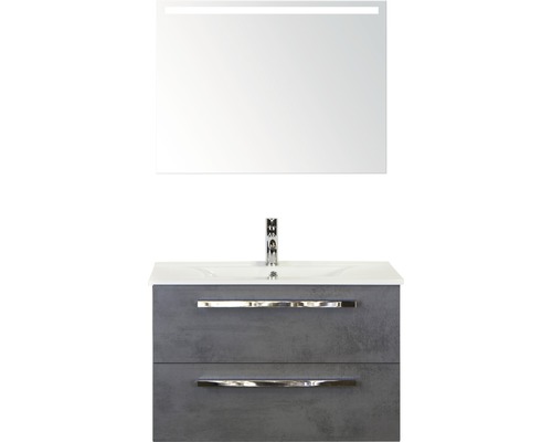 Badmöbel-Set Sanox Seville BxHxT 81 x 170 x 46 cm Frontfarbe beton anthrazit mit Waschtisch Keramik weiß und Waschtischunterschrank Waschtisch Spiegel mit LED-Beleuchtung