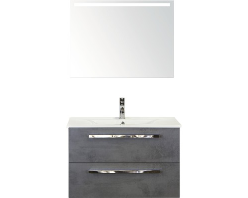 Badmöbel-Set Sanox Seville BxHxT 81 x 170 x 46 cm Frontfarbe beton anthrazit mit Waschtisch Keramik weiß und Waschtischunterschrank Waschtisch Spiegel mit LED-Beleuchtung Waschtischkombination mit LED-Spiegel, Waschbecken und Unterschrank mit zwei Schubladen für das Badezimmer