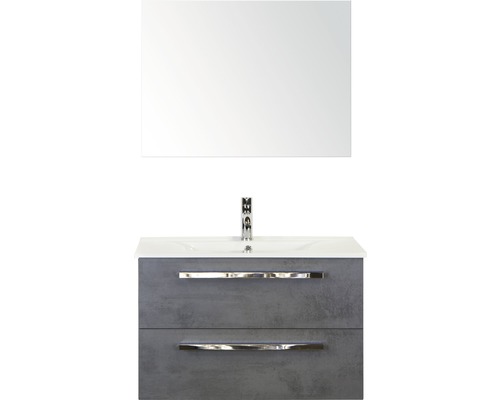 Badmöbel-Set Sanox Seville BxHxT 81 x 170 x 46 cm Frontfarbe beton anthrazit mit Waschtisch Keramik weiß und Waschtischunterschrank Waschtisch Spiegel