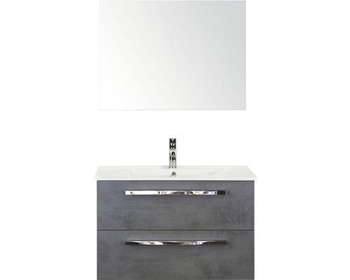 Badmöbel-Set Sanox Seville BxHxT 81 x 170 x 46 cm Frontfarbe beton anthrazit mit Waschtisch Keramik weiß und Waschtischunterschrank Waschtisch Spiegel Waschtischunterschrank mit zwei Schubladen, Waschtisch und Spiegel für das Badezimmer