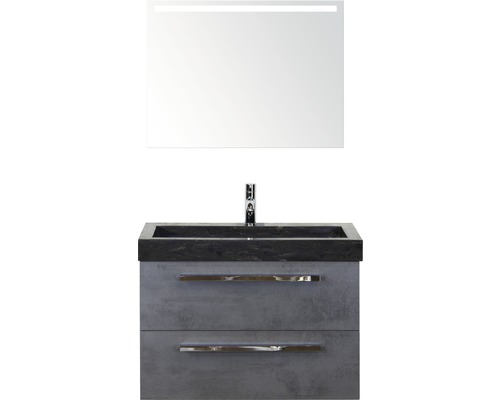 Badmöbel-Set Sanox Seville BxHxT 81 x 170 x 45,5 cm Frontfarbe beton anthrazit mit Waschtisch Naturstein schwarz und Waschtischunterschrank Waschtisch Spiegel mit LED-Beleuchtung