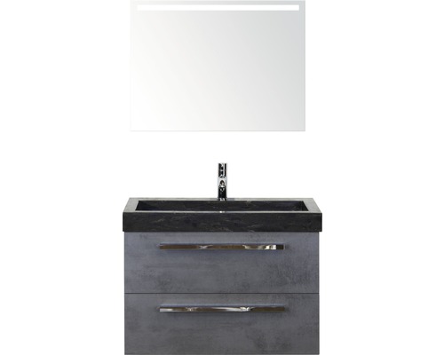 Badmöbel-Set Sanox Seville BxHxT 81 x 170 x 45,5 cm Frontfarbe beton anthrazit mit Waschtisch Naturstein schwarz und Waschtischunterschrank Waschtisch Spiegel mit LED-Beleuchtung Badezimmermöbel-Set mit Waschtisch, Unterschrank und LED-Spiegel