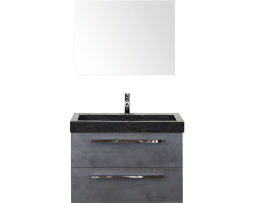 Badmöbel-Set Sanox Seville BxHxT 81 x 170 x 45,5 cm Frontfarbe beton anthrazit mit Waschtisch Naturstein schwarz und Waschtischunterschrank Waschtisch Spiegel