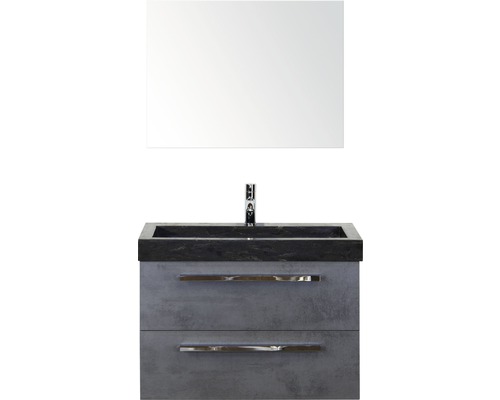 Badmöbel-Set Sanox Seville BxHxT 81 x 170 x 45,5 cm Frontfarbe beton anthrazit mit Waschtisch Naturstein schwarz und Waschtischunterschrank Waschtisch Spiegel Waschtisch mit zwei Schubladen, Waschtischplatte und Spiegel