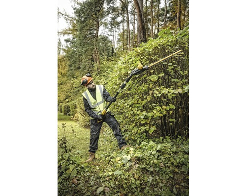 Ein Mann schneidet mit einer Akku-Teleskop-Heckenschere eine Hecke im Garten.