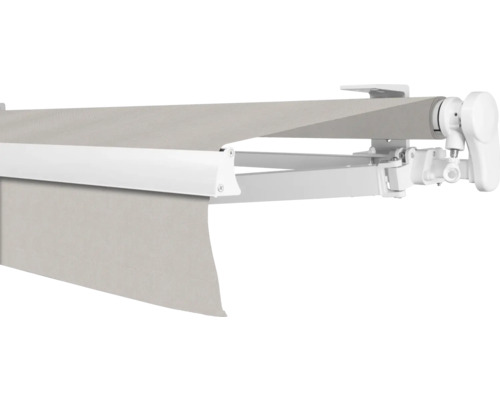 SOLUNA Gelenkarmmarkise Proof 5,5x3,5 Stoff Dessin 6196 Gestell RAL 9010 reinweiß Antrieb rechts inkl. Kurbel