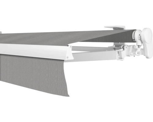 SOLUNA Gelenkarmmarkise Proof 5,5x2,5 Stoff Dessin 8396 Gestell RAL 9010 reinweiß Antrieb rechts inkl. Kurbel