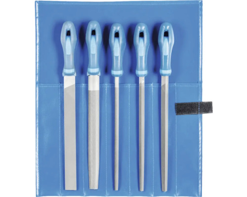 Werkstattfeilen-Set PFERD in Rolltasche 250mm Hieb 2, 5-tlg. Fünf Feilen in einer blauen Werkzeugtasche