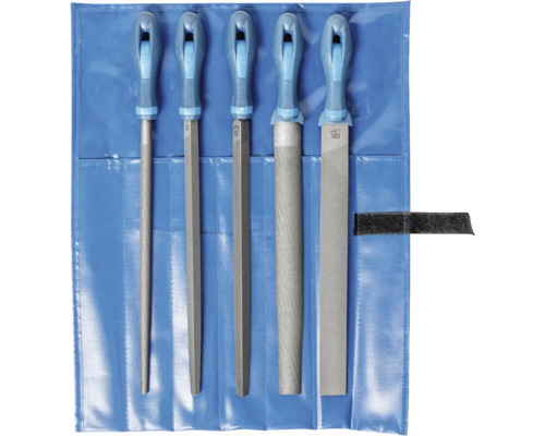 Werkstattfeilen-Set PFERD in Rolltasche 300mm Hieb 1, 5-tlg. Fünf Feilen unterschiedlicher Form und Größe in einer blauen Werkzeugtasche