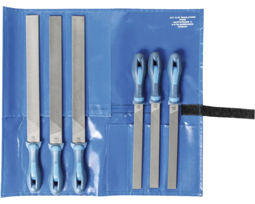 Werkstattfeilen-Set PFERD in Rolltasche 200/300mm, 6-tlg. Feilensatz mit verschiedenen Feilen und Griffen in einer blauen Tasche