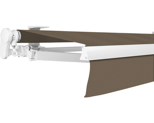 SOLUNA Gelenkarmmarkise Proof 4x3,5 Stoff Dessin 7559 Gestell RAL 9010 reinweiß Antrieb links inkl. Kurbel