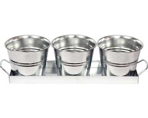 Drei metallische Pflanzgefäße auf einem Tablett