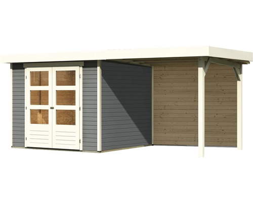 Gartenhaus mit Doppeltür und seitlichem Unterstand aus Holz