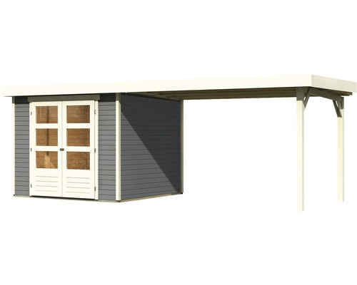 Holzgartenhaus mit Doppeltür und Anbau