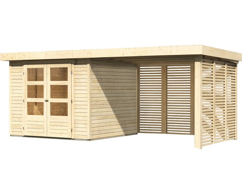 Holzgartenhaus mit Doppeltür und seitlichem Unterstand