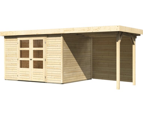 Holzgartenhaus mit Doppeltür und Anbau