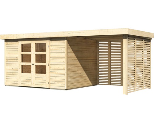 Holz Gartenhaus mit Doppeltür und seitlichem Unterstand