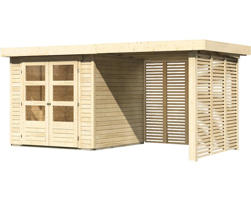 Holzgartenhaus mit Doppeltür und seitlichem Anbau