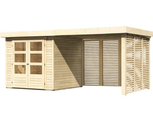 Holzgartenhaus mit Doppeltür und seitlichem Unterstand
