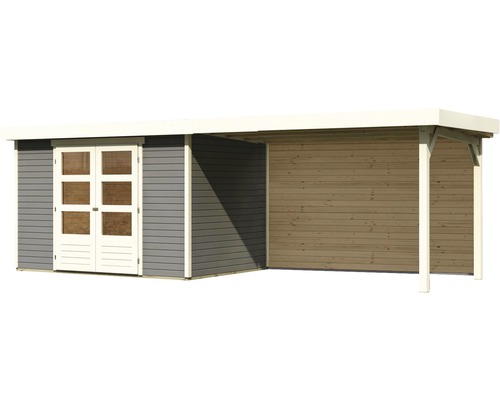 Holzgartenhaus mit Doppeltür und Anbau