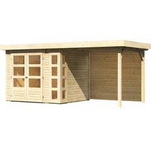 Gartenhaus aus Holz mit Fenstertüren und Überdachung