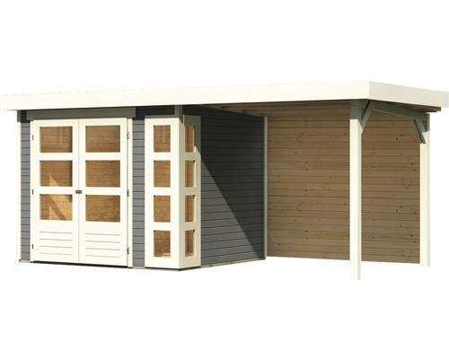 Gartenhaus mit Doppeltür und seitlichem Anbau aus Holz