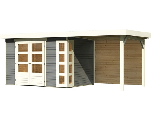 Holzgartenhaus mit Doppeltür und Anbau