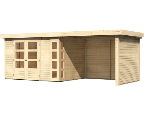 Holz Gartenhaus mit Fenstern und überdachtem Bereich