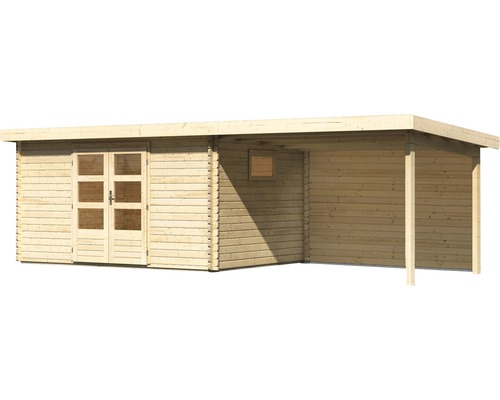 Holzgartenhaus mit Doppeltür und überdachter Veranda