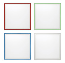 Vier LED Panels mit unterschiedlichen Rahmenfarben