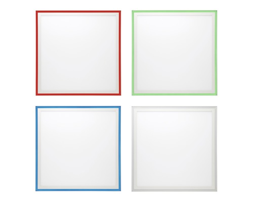 Vier LED Panels mit unterschiedlichen Rahmenfarben