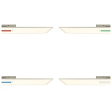 Vier LED-Deckenleuchten mit unterschiedlichen Farbakzenten
