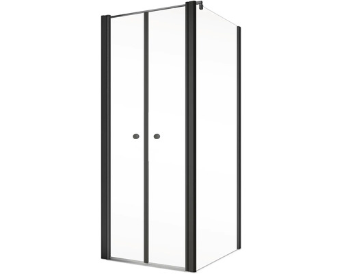 Eckdusche mit zwei Drehtüren und schwarzem Rahmen