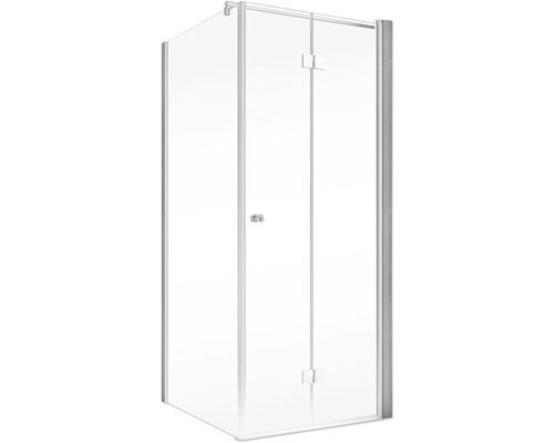 Eckdusche mit klappbarer Glastür und silberfarbenem Rahmen