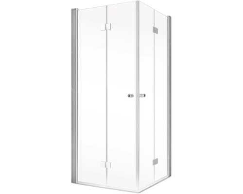 Eckdusche mit Glaswänden und Tür