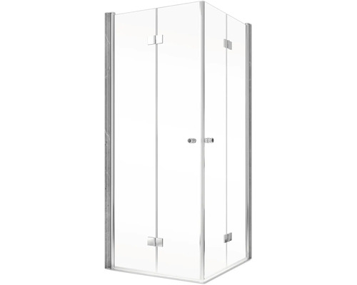 Eckdusche mit klaren Glaswänden und Scharniertüren