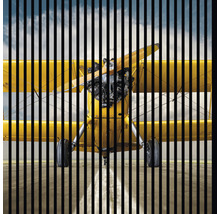Gelbes Doppeldeckerflugzeug hinter schwarzen vertikalen Linien