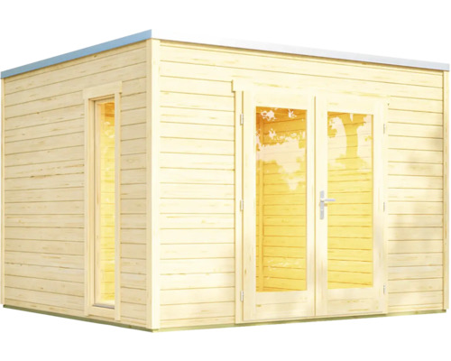 Holzgartenhaus mit Fenstern und Doppeltür