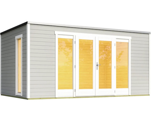 Gartenhaus aus Holz mit Fenstern und Glastüren