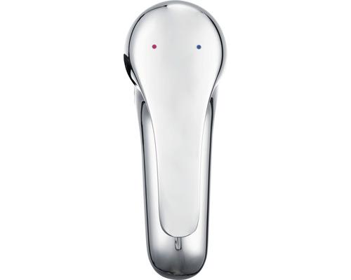 Verchromter Wasserhahn mit roter und blauer Markierung für Temperaturregelung