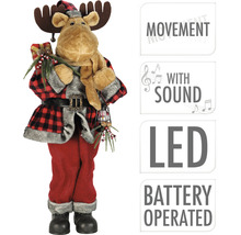 Dekorativer Elch mit Bewegung, Sound, LED und Batteriebetrieb für die Weihnachtszeit.