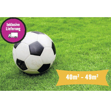 Fußball auf Rasen mit Aktionshinweis inklusive Lieferung und Größenangabe 40 Quadratmeter bis 49 Quadratmeter