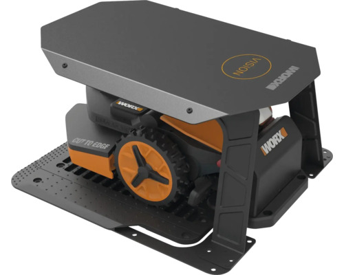 Worx Logo. Mähroboter mit Unterstand.